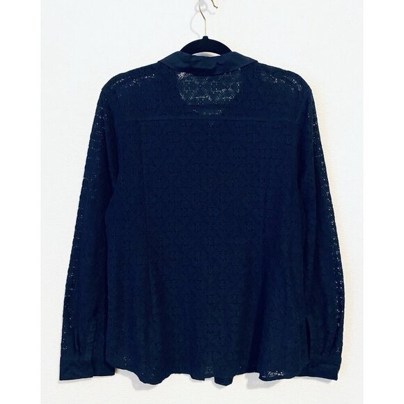 LOFT Top Womens XL Navy Blue Lace Button Up Long Sleeve Cottagecore Romantic - Picture 3 of 6